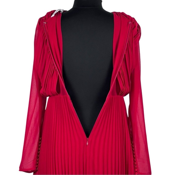 SELF PORTRAIT DARK RED CROSS FRONT LONG SLEEVE PLEATED SKIRT LACE MIDI DRESS - Picture 11 of 15